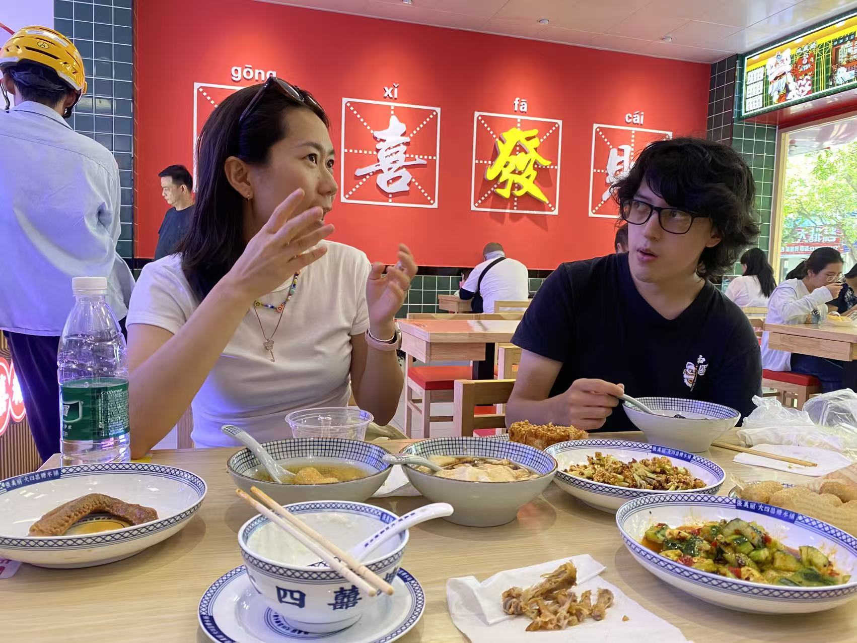 Students trying street food in the city